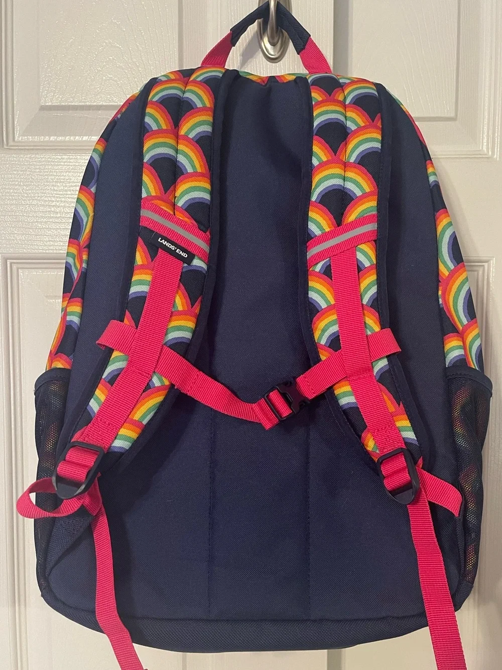 Lands' End Kids ClassMate Large Navy Backpack with Rainbow Print and Pink Trim